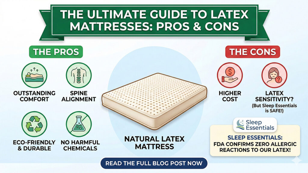 An infographic showing the pros and cons of latex mattresses. Pros include comfort, spine alignment, durability, and eco-friendliness. Cons include higher cost and rare latex sensitivity. Sleep Essentials logo is visible.