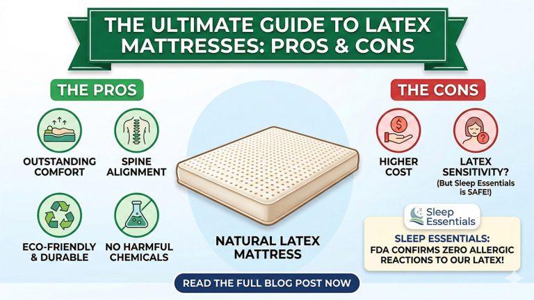 An infographic showing the pros and cons of latex mattresses. Pros include comfort, spine alignment, durability, and eco-friendliness. Cons include higher cost and rare latex sensitivity. Sleep Essentials logo is visible.