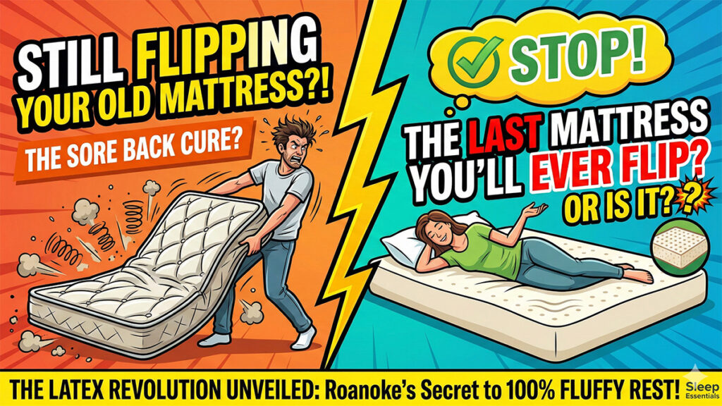 struggling to flip a heavy, bent innerspring mattress, with text "STILL FLIPPING YOUR OLD MATTRESS?!" Right panel shows a happy woman resting peacefully on a thick Natural Latex mattress, with text "STOP! THE LAST MATTRESS YOU'LL EVER FLIP? OR IS IT?"