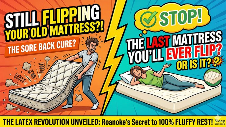 struggling to flip a heavy, bent innerspring mattress, with text "STILL FLIPPING YOUR OLD MATTRESS?!" Right panel shows a happy woman resting peacefully on a thick Natural Latex mattress, with text "STOP! THE LAST MATTRESS YOU'LL EVER FLIP? OR IS IT?"