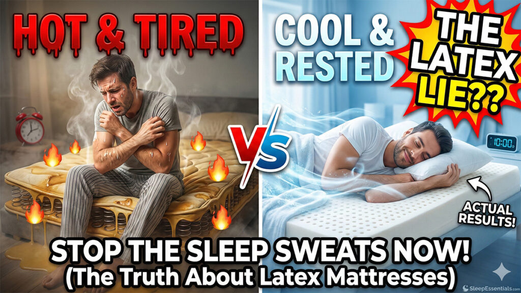Comparison of a man sweating on a hot memory foam mattress versus sleeping cool on a breathable organic latex mattress with airflow holes.