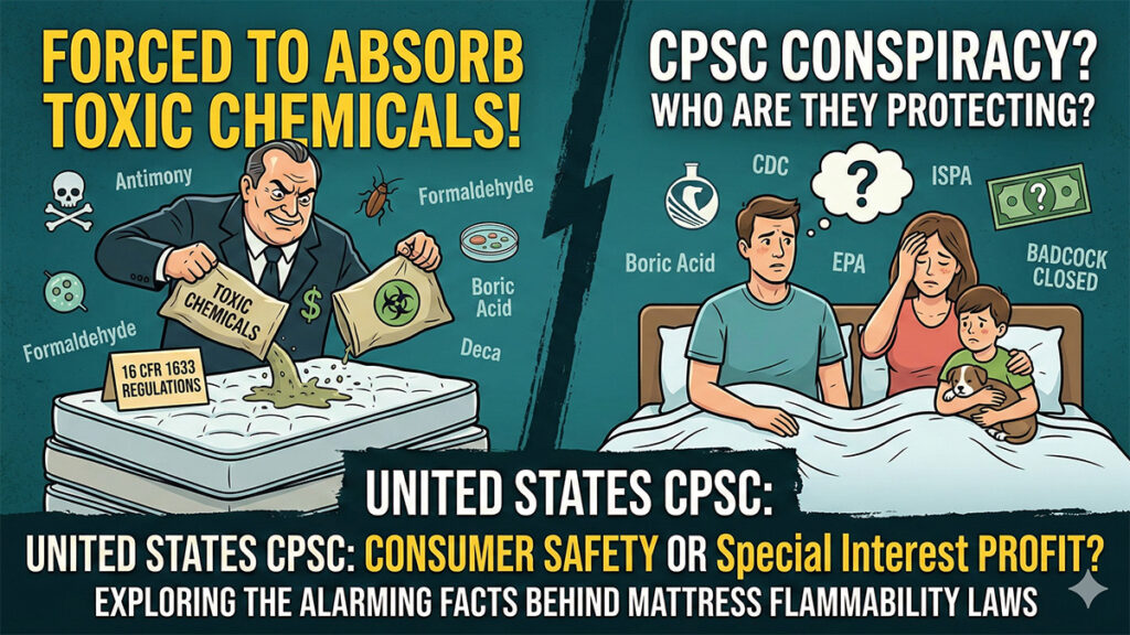 A striking two-panel image showing a figure pouring toxic chemicals like Antimony and Formaldehyde into mattresses on the left, labeled 'FORCED TO ABSORB TOXIC CHEMICALS!' On the right, a sickly family is shown, labeled 'CPSC CONSPIRACY? WHO ARE THEY PROTECTING?' The main headline reads: 'UNITED STATES CPSC: CONSUMER SAFETY OR Special Interest PROFIT?'
