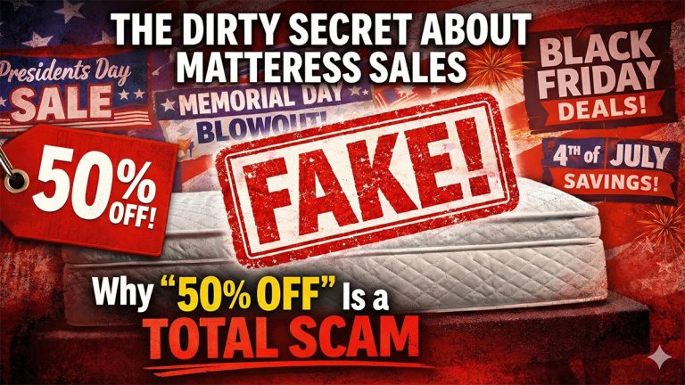Graphic exposing fake mattress sales, featuring banners for Black Friday, Presidents Day, Memorial Day, and 4th of July. A "50% OFF!" tag is next to a large red "FAKE!" stamp over a mattress. Text reads: "THE DIRTY SECRET ABOUT MATTRESS SALES" and "Why '50% OFF' Is a TOTAL SCAM"