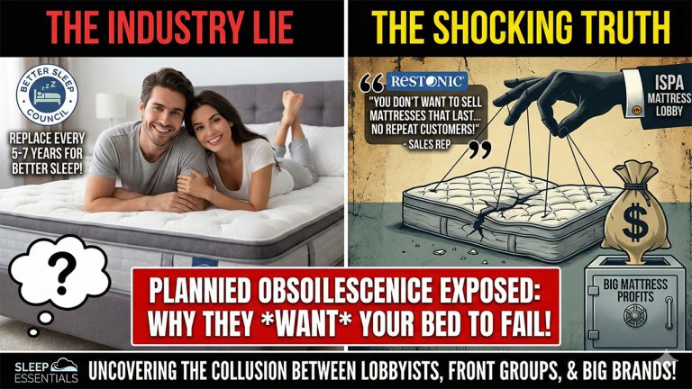 exposing mattress industry planned obsolescence. Left side shows Better Sleep Council advising replacement every 5-7 years. Right side shows ISPA mattress lobby controlling a sagging mattress to fill a big mattress profits vault, with a quote from a Restonic sales rep admitting they don't want durable mattresses