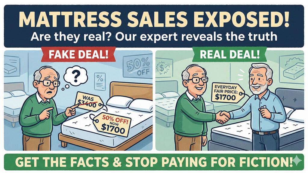 the difference between a mattress fake deal ($3400 marked down to $1700) and a real deal ($1700 everyday fair price). A confused customer is on the left; a happy customer shaking hands with an honest expert is on the right.