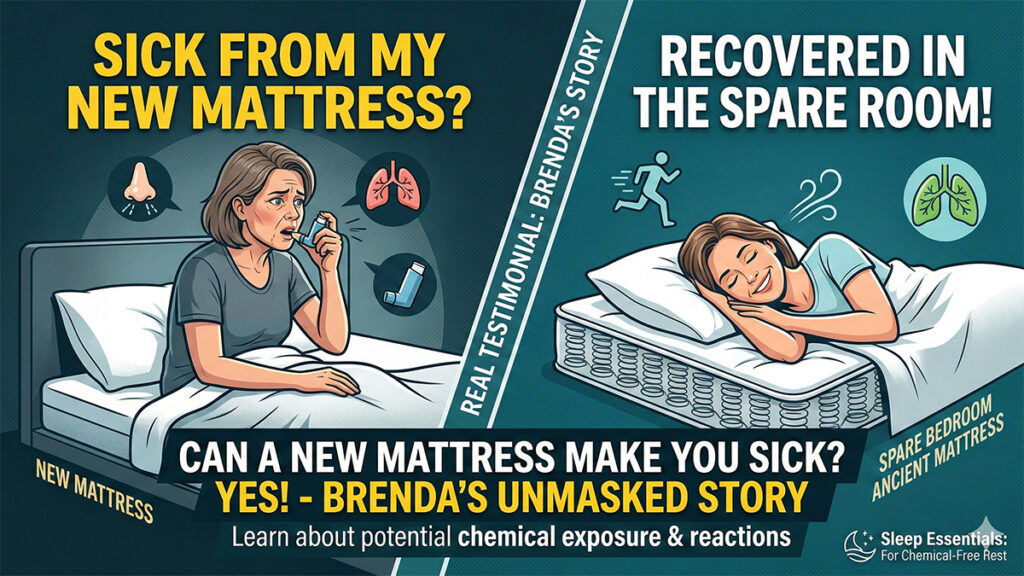 A split-screen illustration for a blog post. Left: a woman is shown coughing and using an inhaler on a 'new mattress' with text reading 'SICK FROM MY NEW MATTRESS?'. Right: the same woman is shown sleeping peacefully on a 'spare bedroom ancient mattress' with text reading 'RECOVERED IN THE SPARE ROOM!'. A main headline asks 'CAN A NEW MATTRESS MAKE YOU SICK? YES!'.