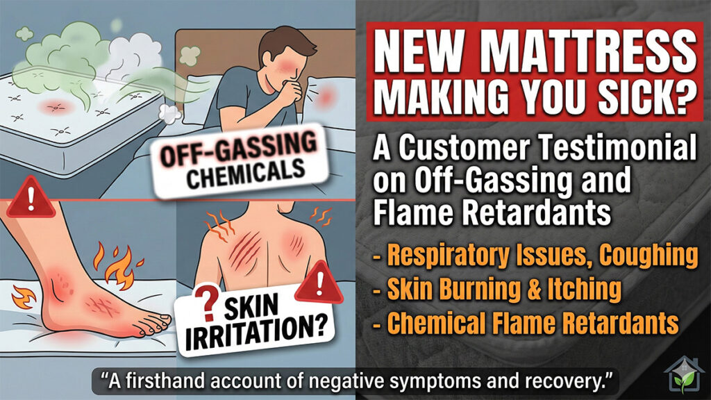 a man coughing and experiencing skin irritation from mattress off-gassing and chemical flame retardants, illustrating a customer testimonial
