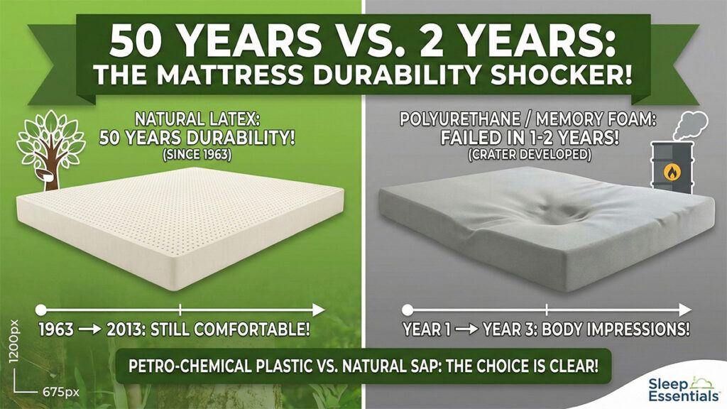 Durability comparison graphic showing a natural latex mattress lasting 50 years versus a Tempur-Pedic memory foam mattress sagging and failing in just 2 years
