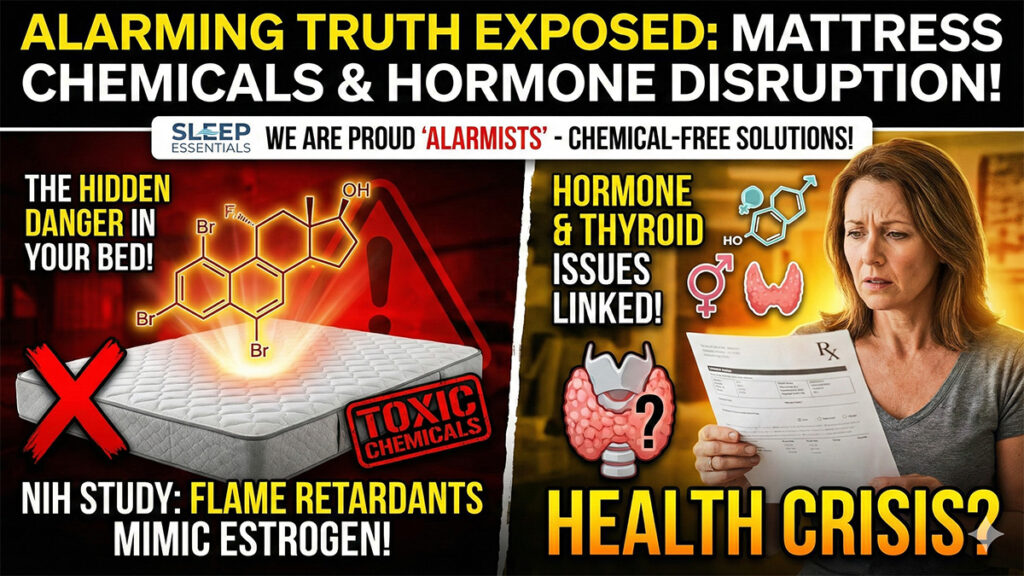 the link between toxic mattress chemicals and hormone disruption, citing NIH study on flame retardants mimicking estrogen and causing thyroid issues