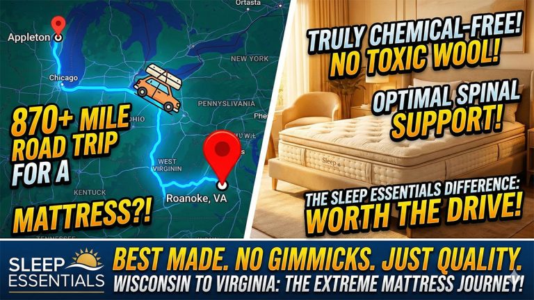 Map graphic showing 870+ mile road trip from Appleton Wisconsin to Roanoke Virginia to purchase a Sleep Essentials chemical-free latex mattress avoiding toxic wool