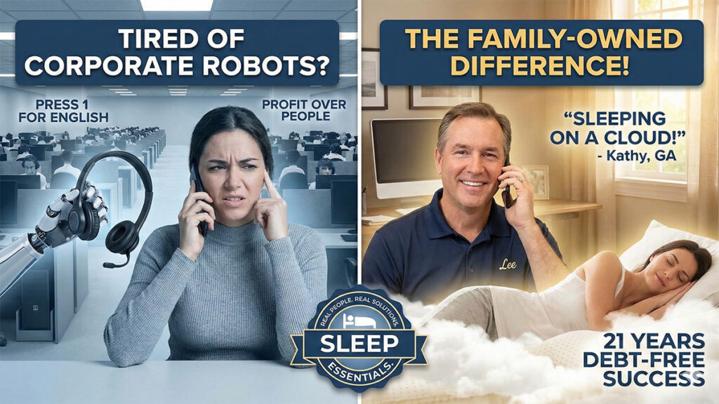 Graphic comparing frustrated corporate mattress customer service with the personalized family-owned service of Sleep Essentials, featuring Lee and a testimonial about sleeping on a latex mattress cloud