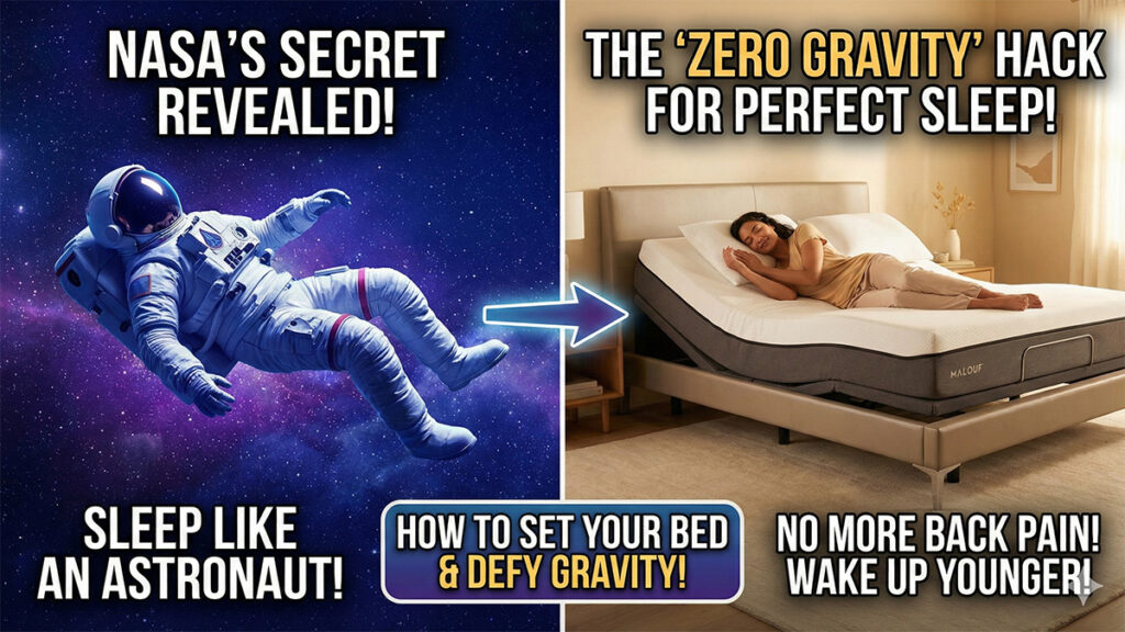 Zero gravity sleeping position guide showing NASA astronaut floating in space versus a woman sleeping on a Malouf adjustable bed to relieve back pain and improve circulation