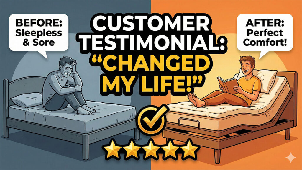 Happy customer testimonial describing the ultimate comfort of a Sleep Essentials latex mattress paired with a Southerland adjustable bed base