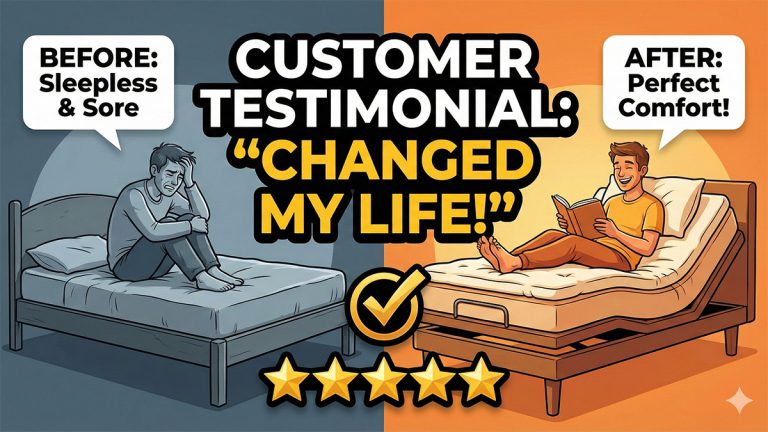 Happy customer testimonial describing the ultimate comfort of a Sleep Essentials latex mattress paired with a Southerland adjustable bed base