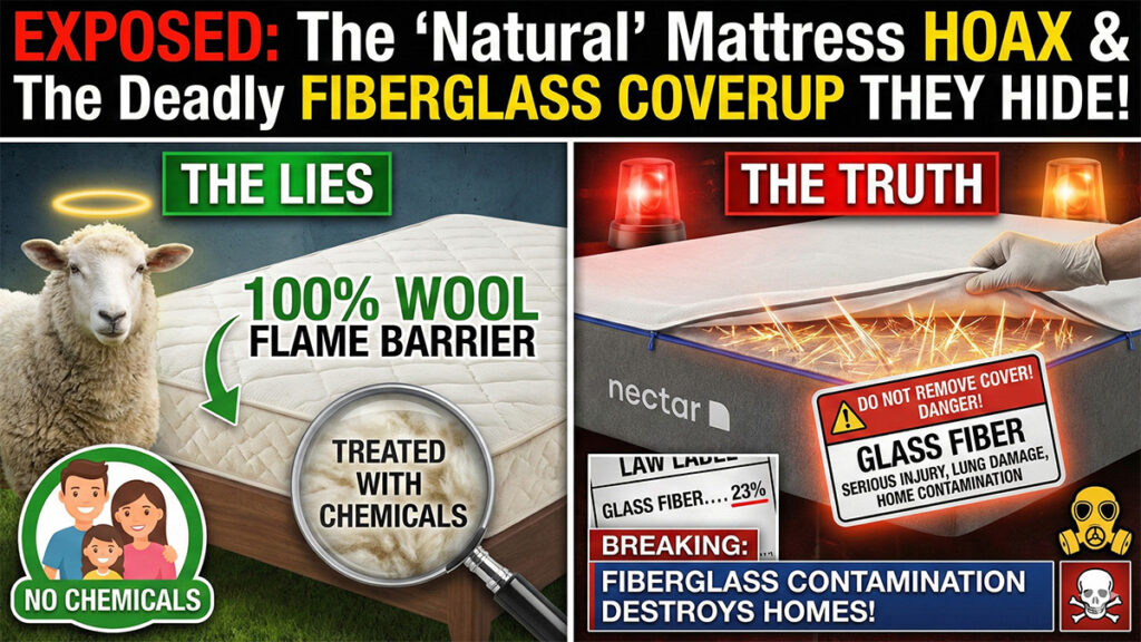 Nectar mattress fiberglass warning label exposed showing 23% glass fiber content and the danger of silica sock contamination if cover is removed