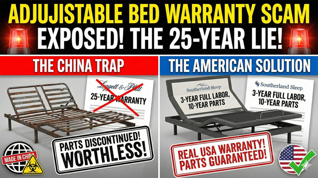 Leggett & Platt vs Southerland Sleep adjustable bed warranty comparison graphic exposing the 25-year warranty lie and Chinese parts risk