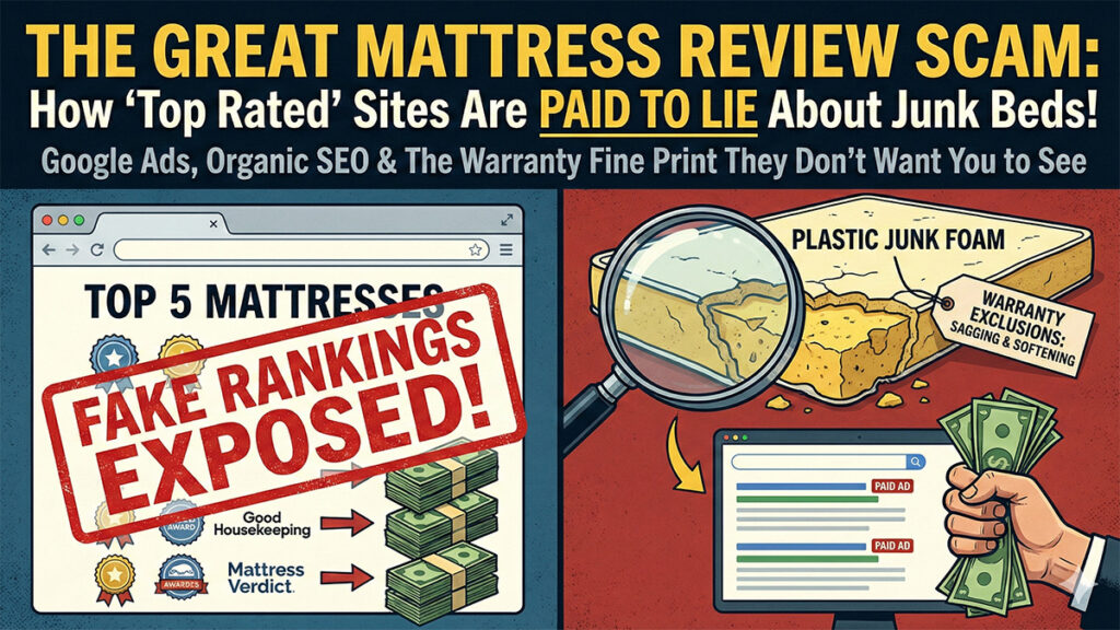 Graphic exposing fake top 5 mattress review sites and Good Housekeeping paid rankings for junk mattress brands