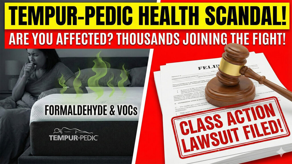 Tempur-Pedic class action lawsuit graphic exposing formaldehyde and VOC health risks causing sickness in consumers