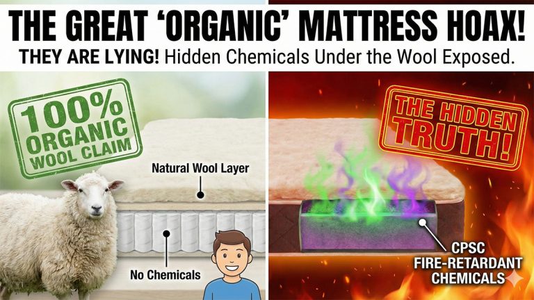 Graphic exposing the organic mattress wool hoax showing hidden fire retardant chemicals under the wool layer versus the natural marketing claim