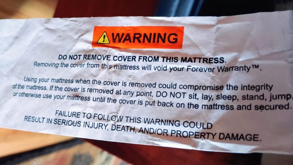 Nectar Mattress Warning Label Do Not Remove Fiberglass Inside