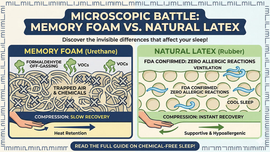 comparing memory foam and natural latex under a microscope. Left panel: Memory Foam (Urethane), dense tangled structure, green gas clouds labeled 'FORMALDEHYDE OFF-GASSING' and 'VOCs'. Right panel: Natural Latex (Rubber), open orderly cell pattern, blue airflow icons labeled 'BREATHABLE & ORGANIC'. The main headline asks: 'MICROSCOPIC BATTLE: MEMORY FOAM VS. NATURAL LATEX'.
