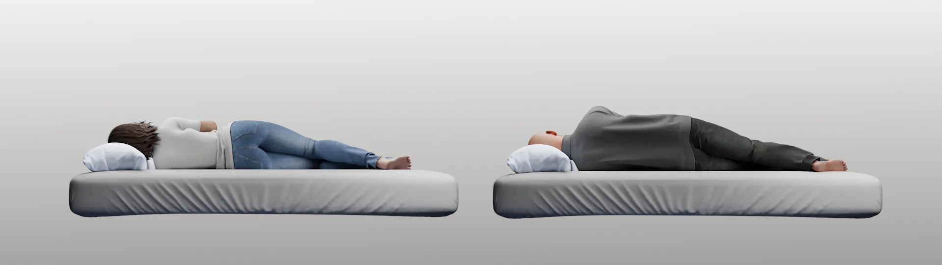 Side view of two mattresses over fifteen years. The latex holds its shape, the plastic foam sags.