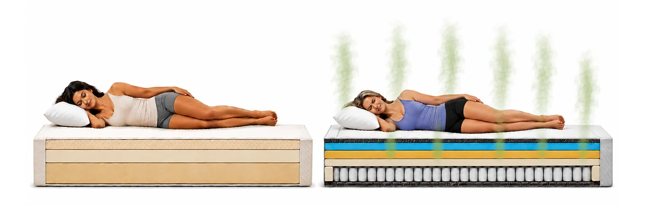 Cutaway comparison. Layered natural latex beside a conventional foam and innerspring mattress.