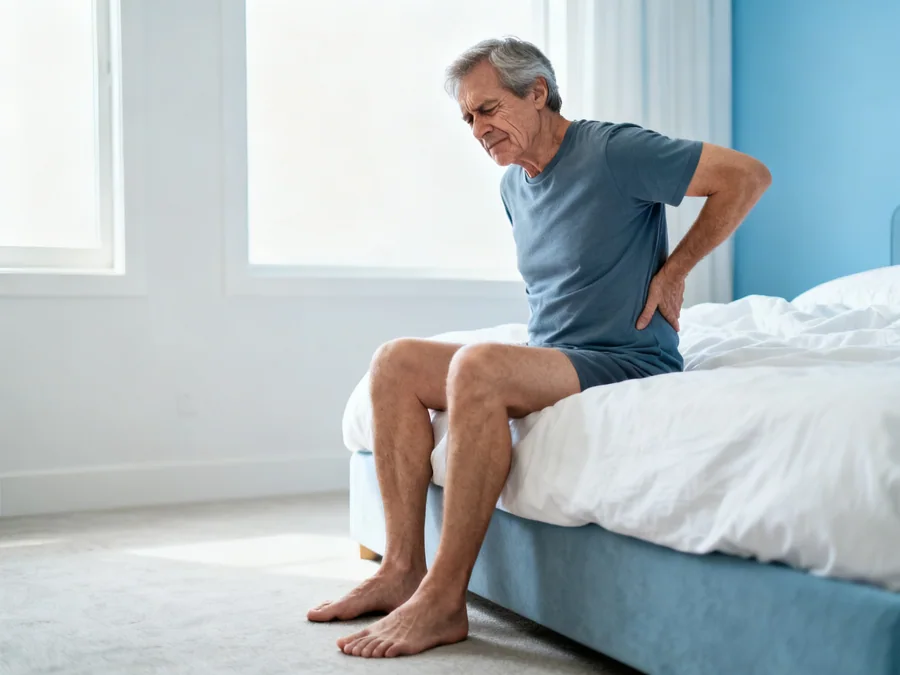 A man sitting on the edge of the bed holding his lower back.