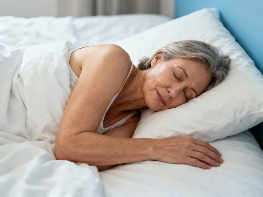 A woman asleep on her side, shoulder and hip sinking in, spine level.