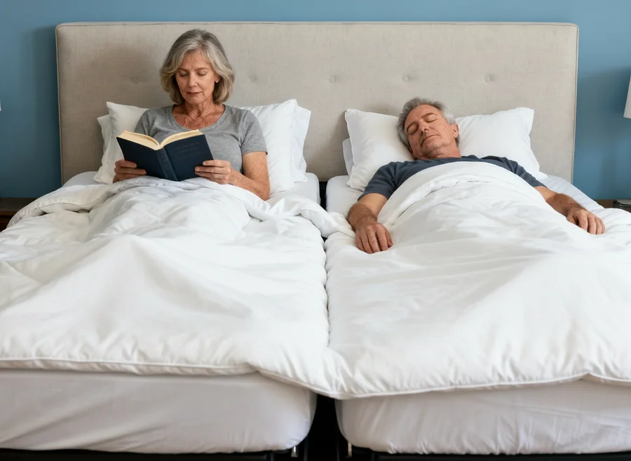 A couple on a split adjustable bed, each side set differently.
