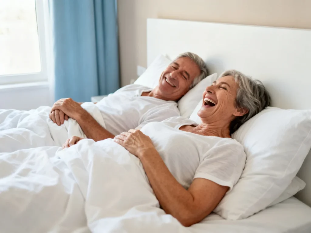 A couple in their late fifties laughing together in bed, well rested.