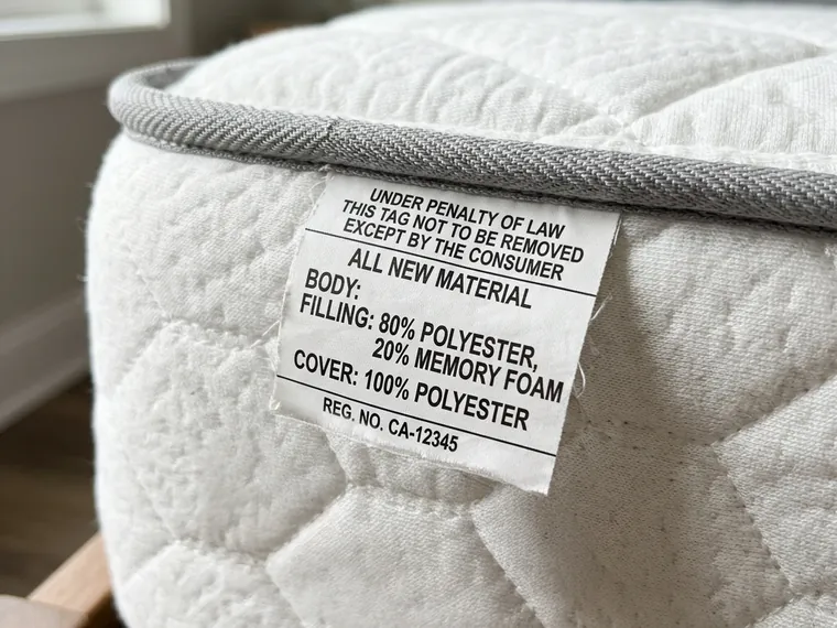 A mattress law tag listing polyester and memory foam, with no mention of any fire barrier.