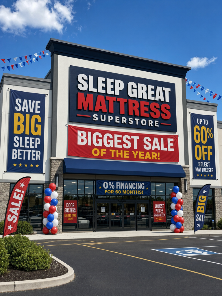 A mattress superstore covered in sale banners: biggest sale of the year, up to 60 percent off, 0 percent financing.