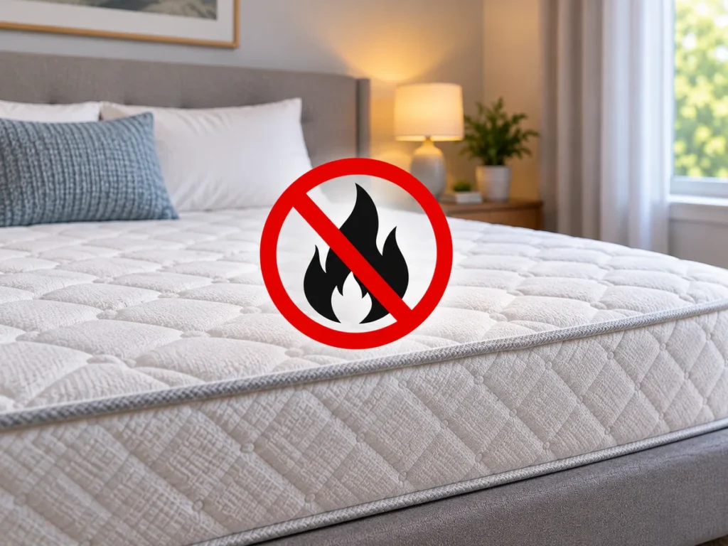 A conventional quilted mattress with a no fire symbol over it.