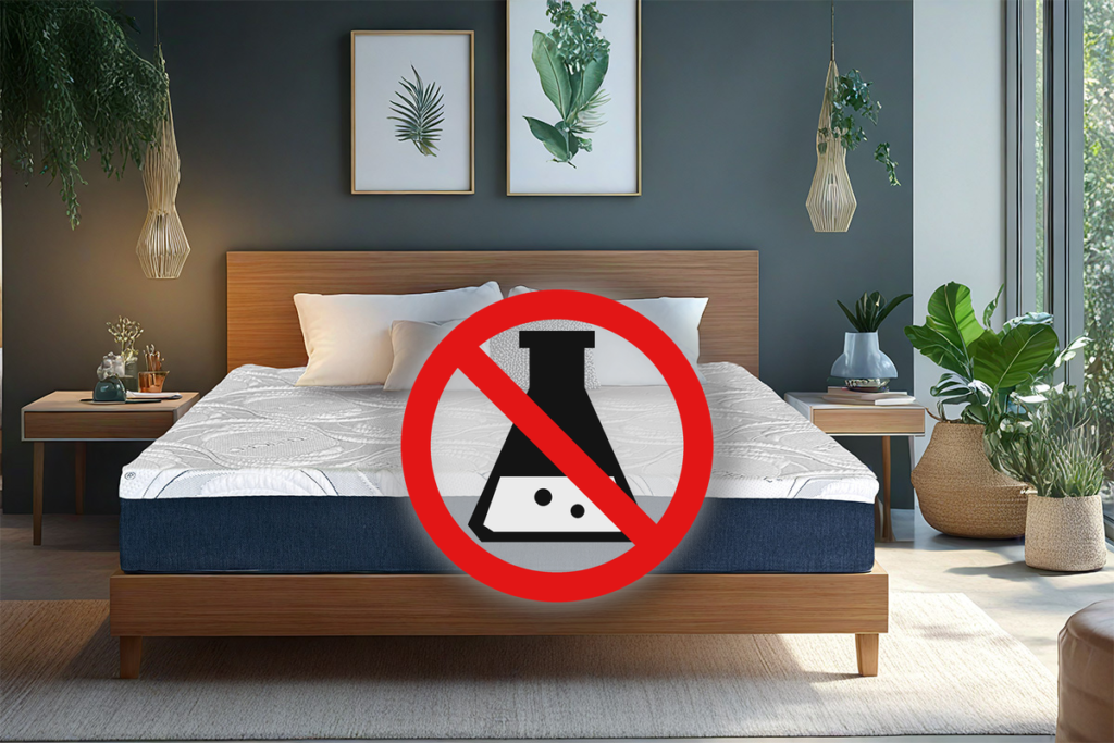 A Sleep Essentials latex mattress with a no chemicals symbol over it.